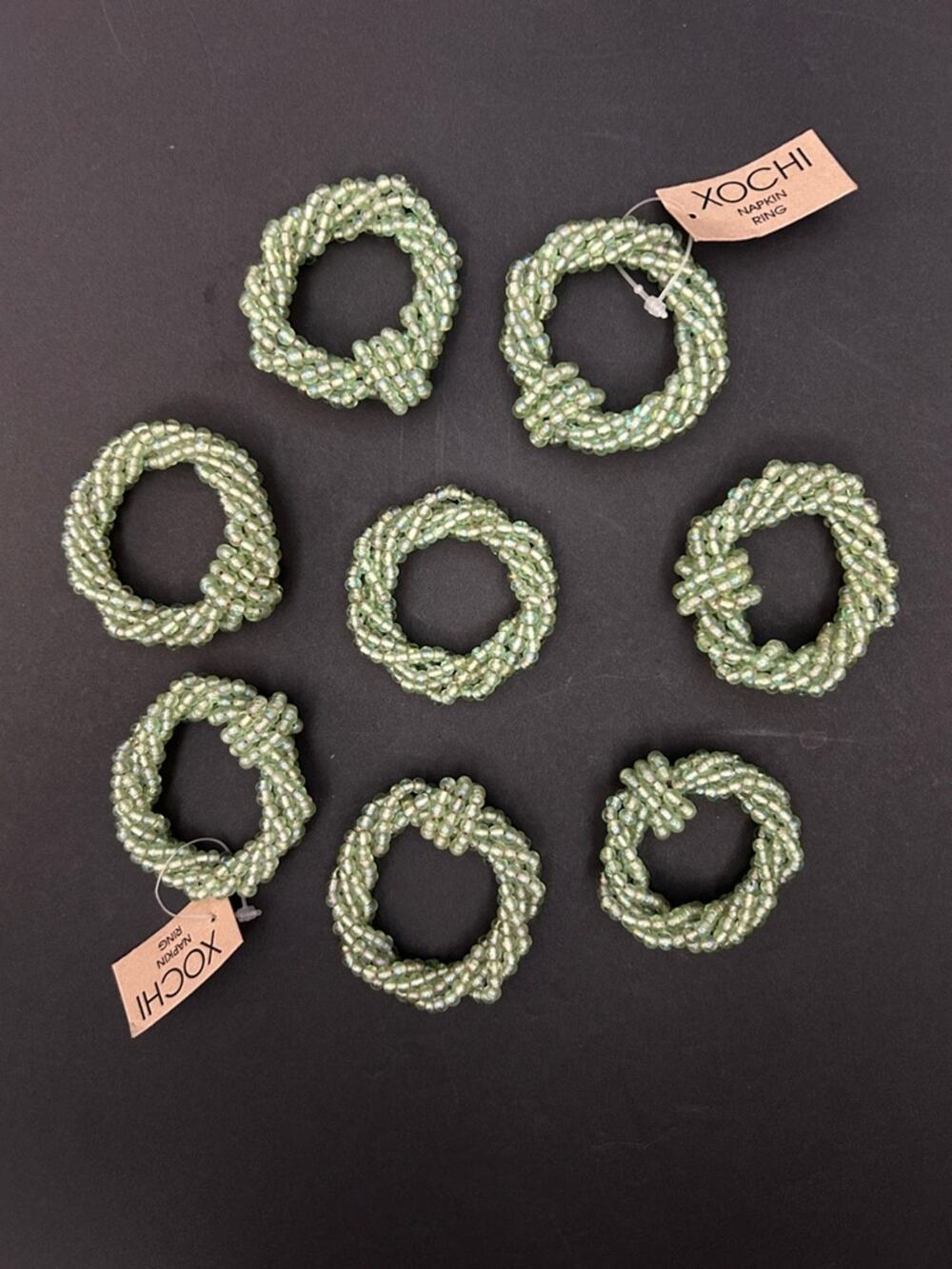 Xochi Green Glass Beaded Napkin Rings, Set of Eight